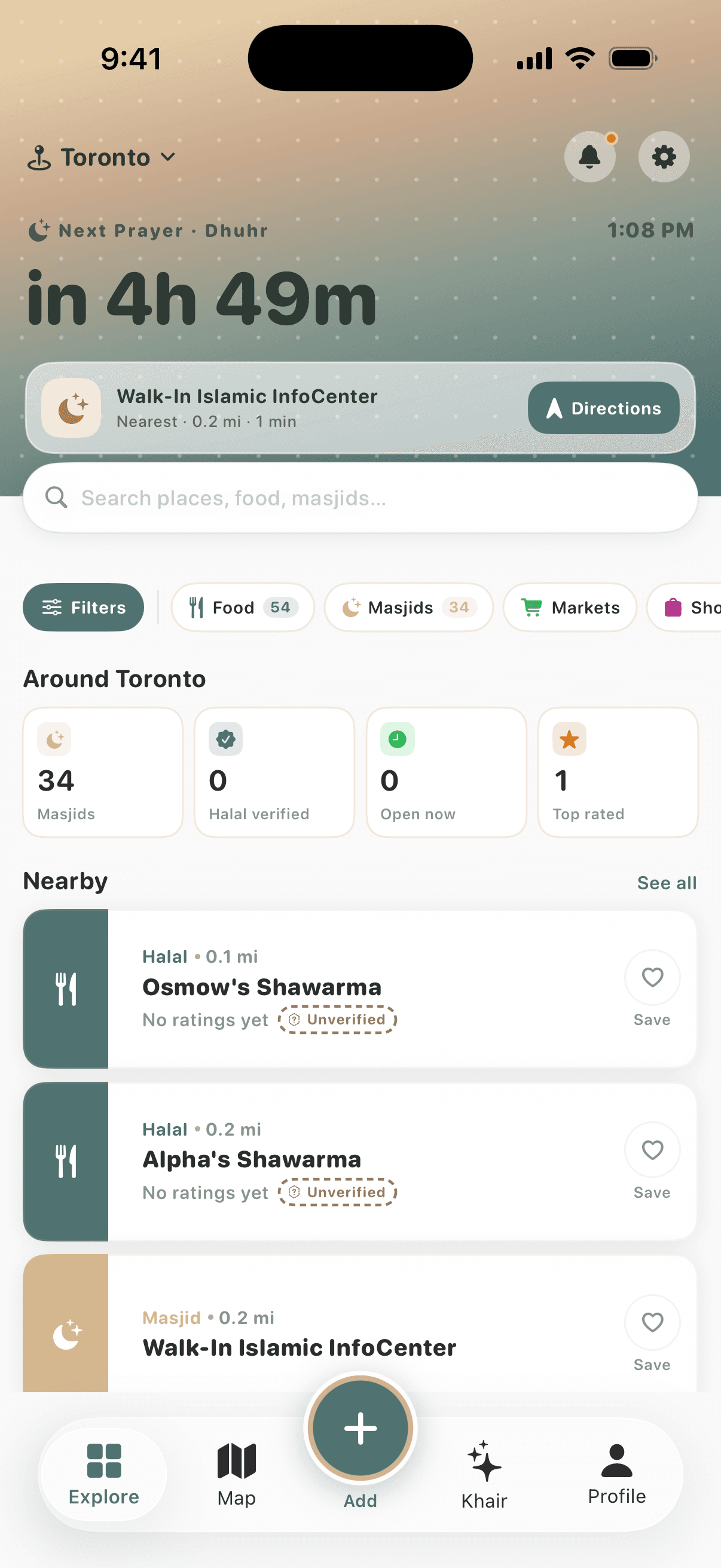 Explore tab: next prayer countdown, nearest masjid, category filters and nearby places around Toronto