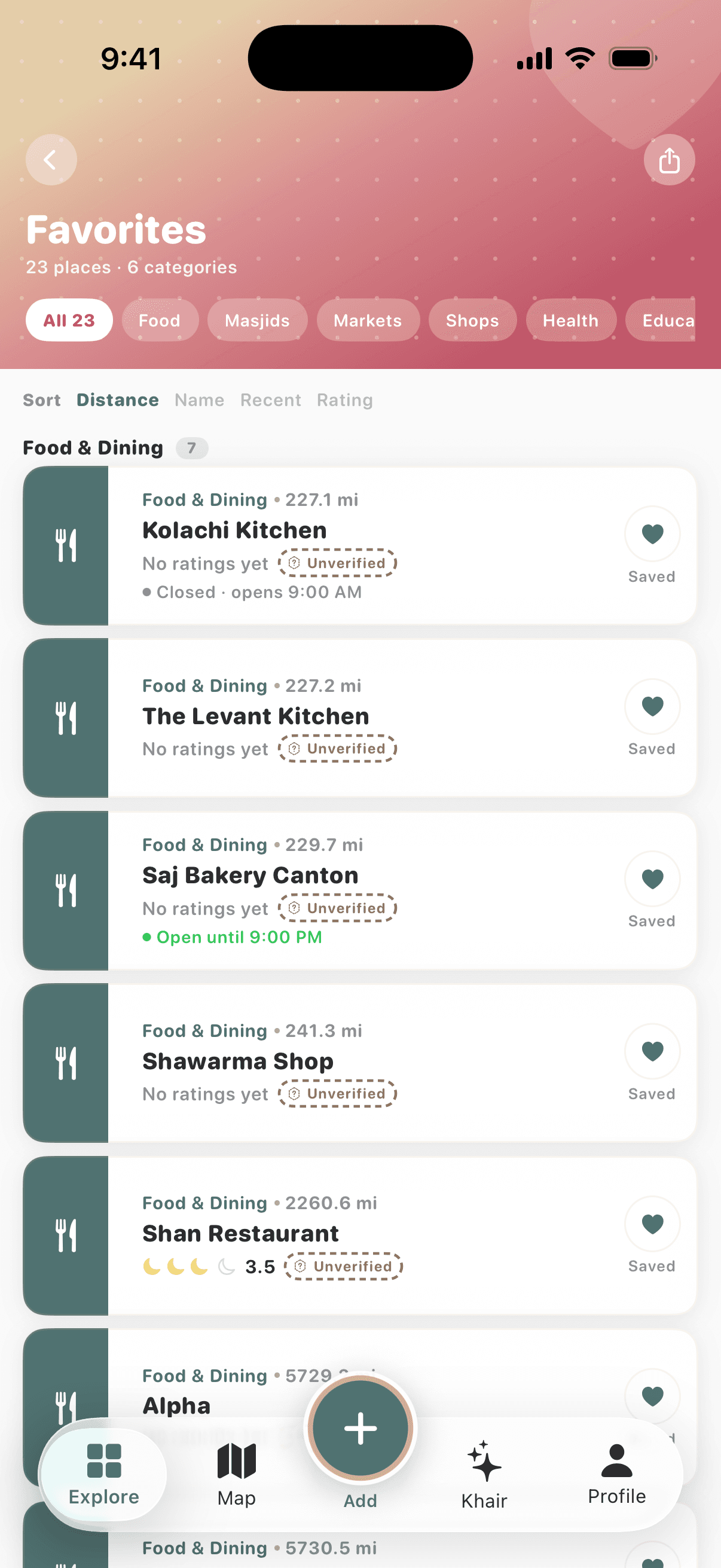 Favorites list with a rose gradient header and saved places