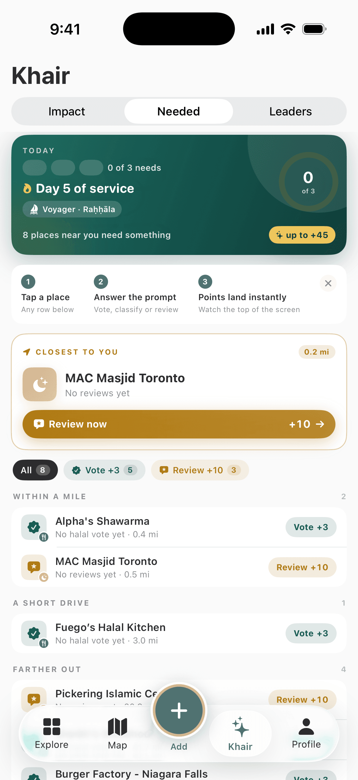 Khair · Needed: today's needs, closest place to vote on, and places within a mile