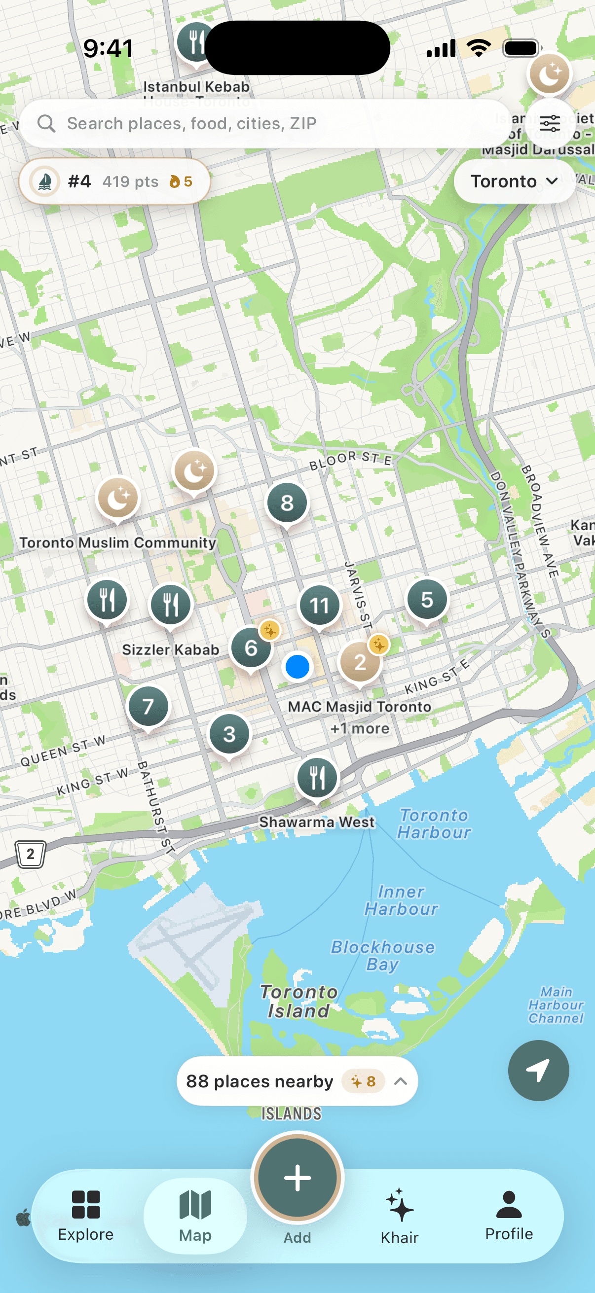 Map tab: masjid and restaurant pins clustered across downtown Toronto with 88 places nearby