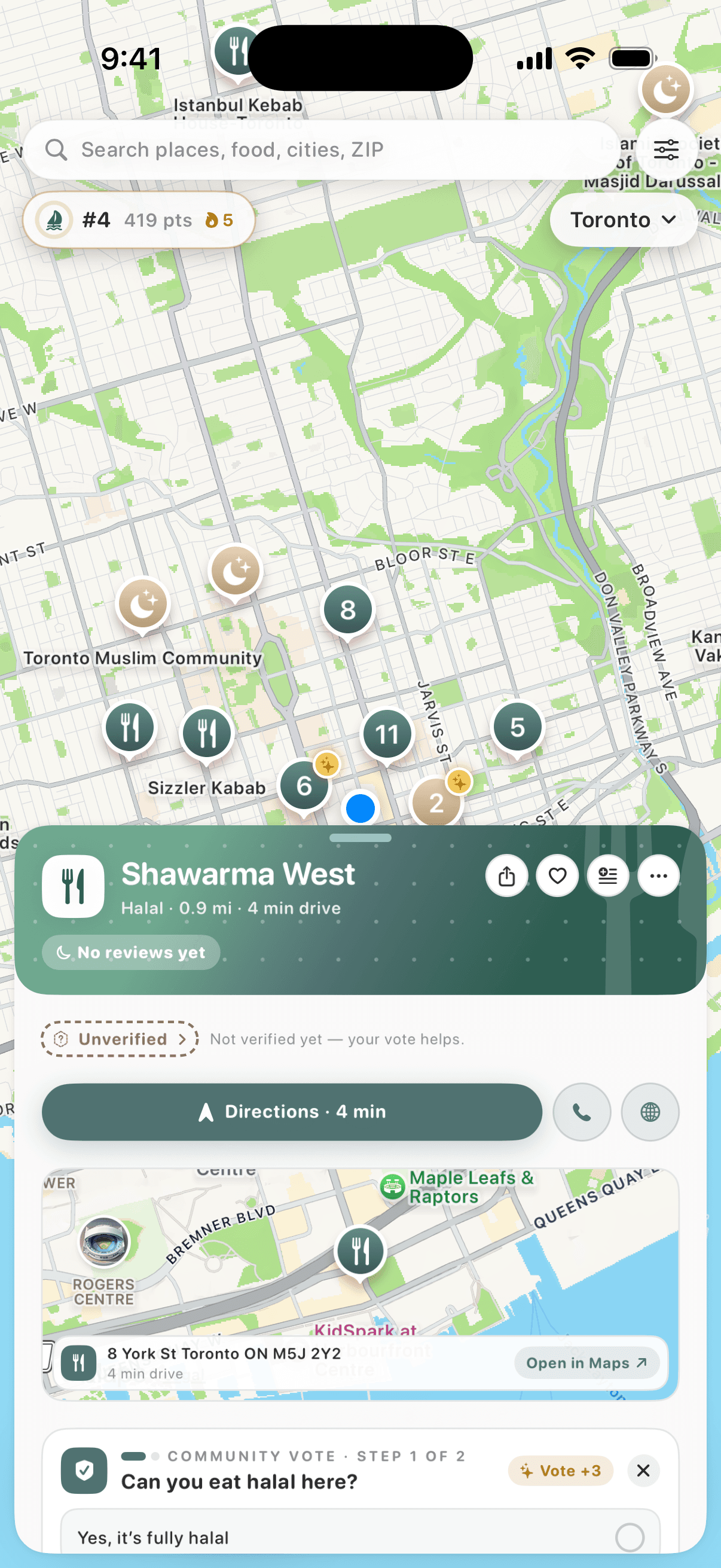 A place sheet with rating, verification chip, directions and a vote prompt